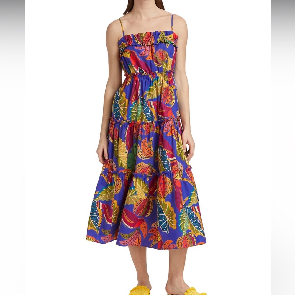 Farm Rio  spaghetti strap blue multicolored ruffled dress S
